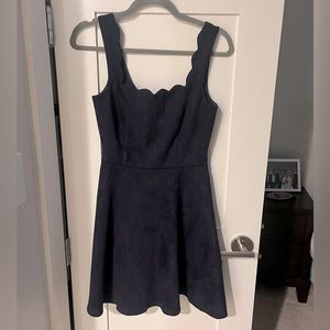 Navy Suede Fit and Flare Dress with Scalloped Square Neckline